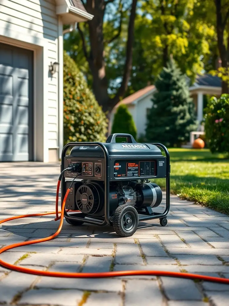A gasoline-powered portable generator running outdoors, connected to a house via extension cords, illustrating a traditional emergency power source.