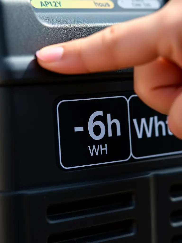 A close-up of a solar generator's battery capacity label (Wh) with a hand pointing to the number.