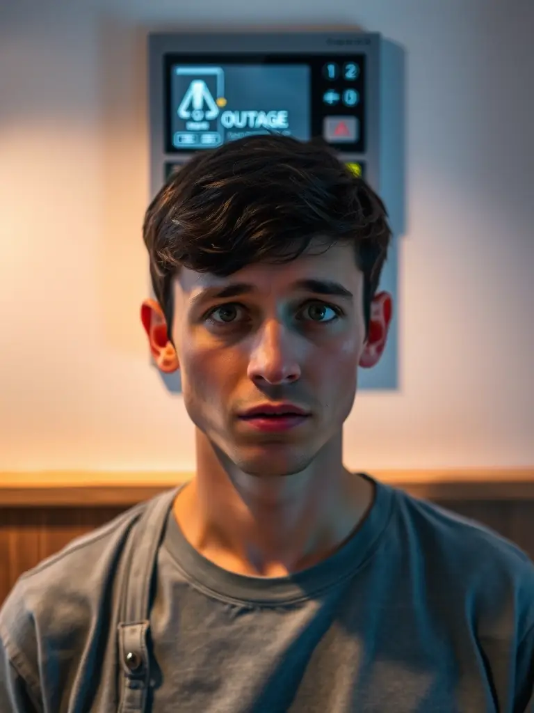 A person standing in front of a home control panel, looking confused and overwhelmed by the options, with a power outage symbol in the background.