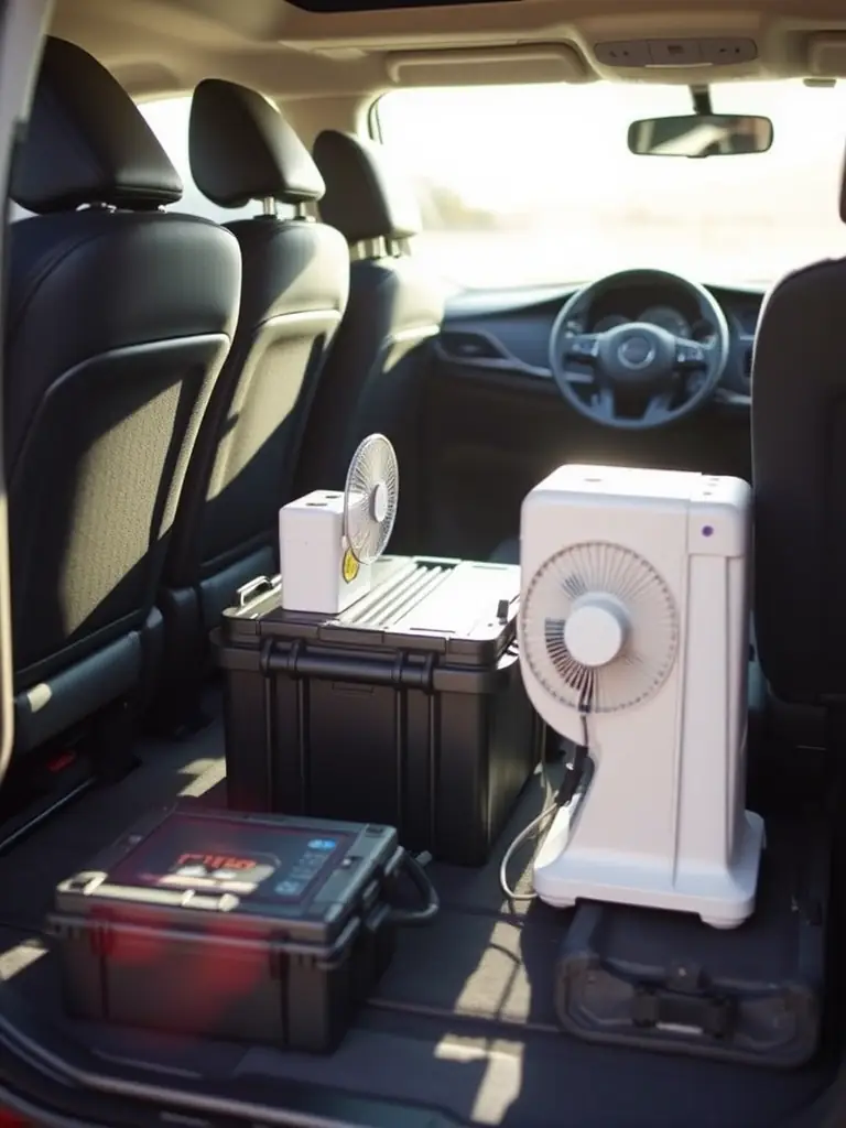 A rugged battery power station sitting on the floor of a vehicle, powering a CPAP machine and a small fan. The background shows the interior of a car, highlighting its use for medical devices and travel.