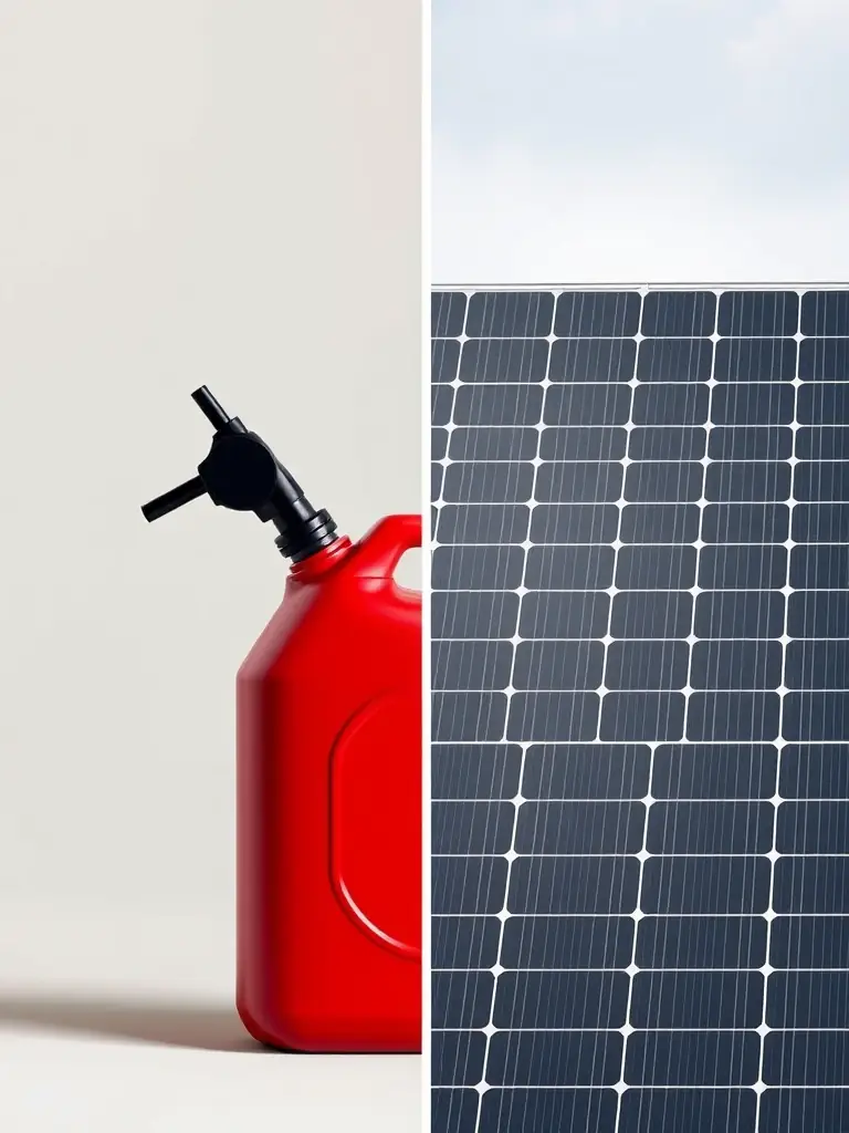 A split image showing a gasoline can and a solar panel, representing different fuel types for backup power solutions.