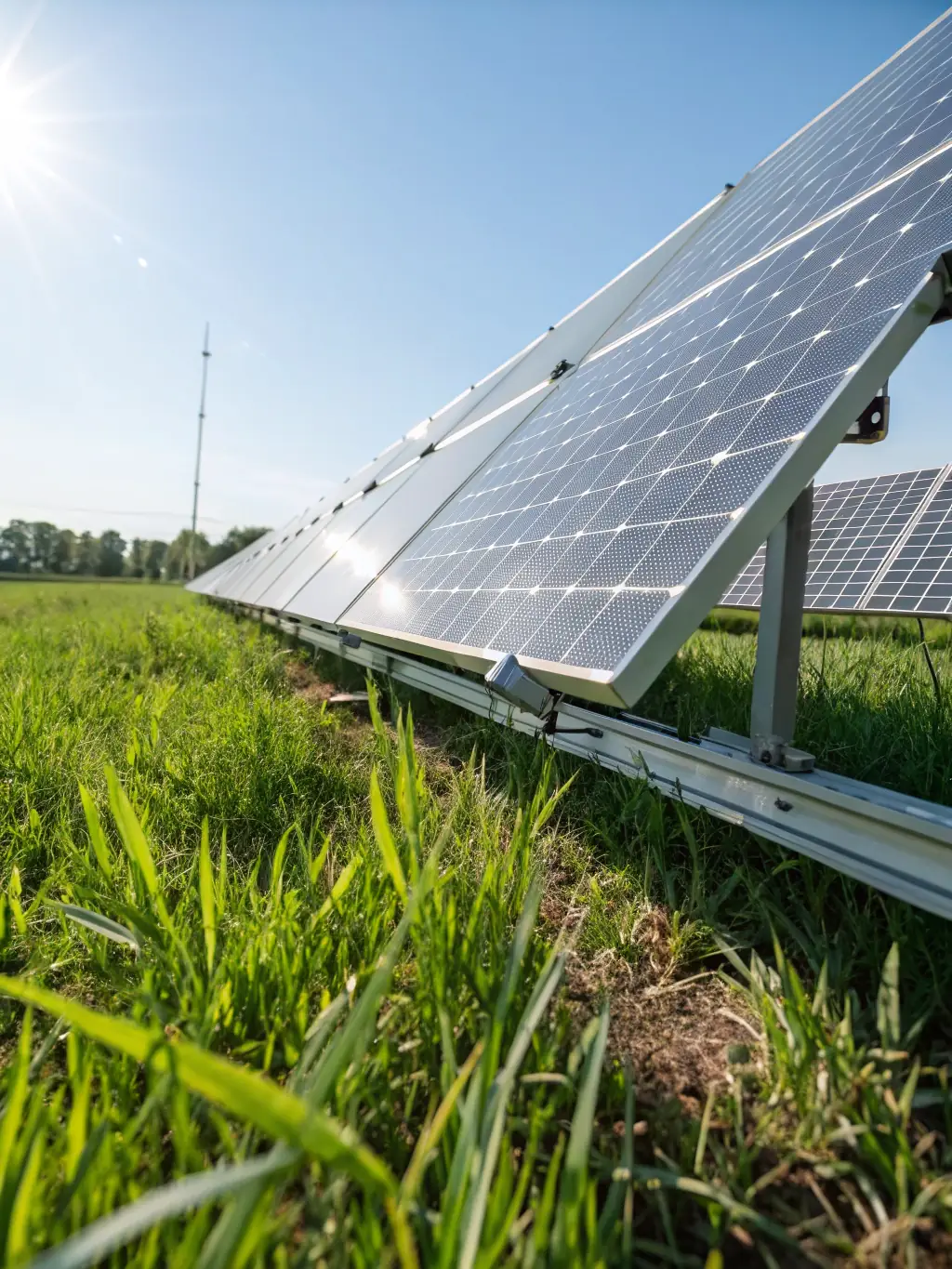 A solar panel connected to a solar generator, with sunlight shining on the panel.