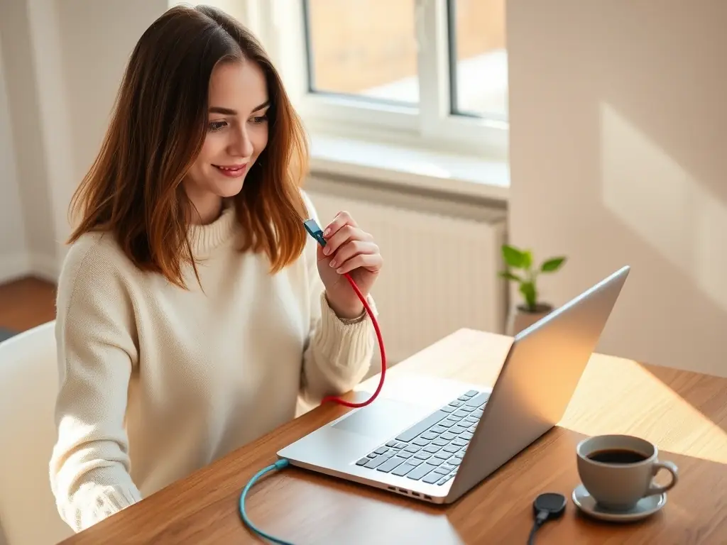 A person using a solar generator to power lights and a laptop during a home power outage, with solar panels visible outside the window.