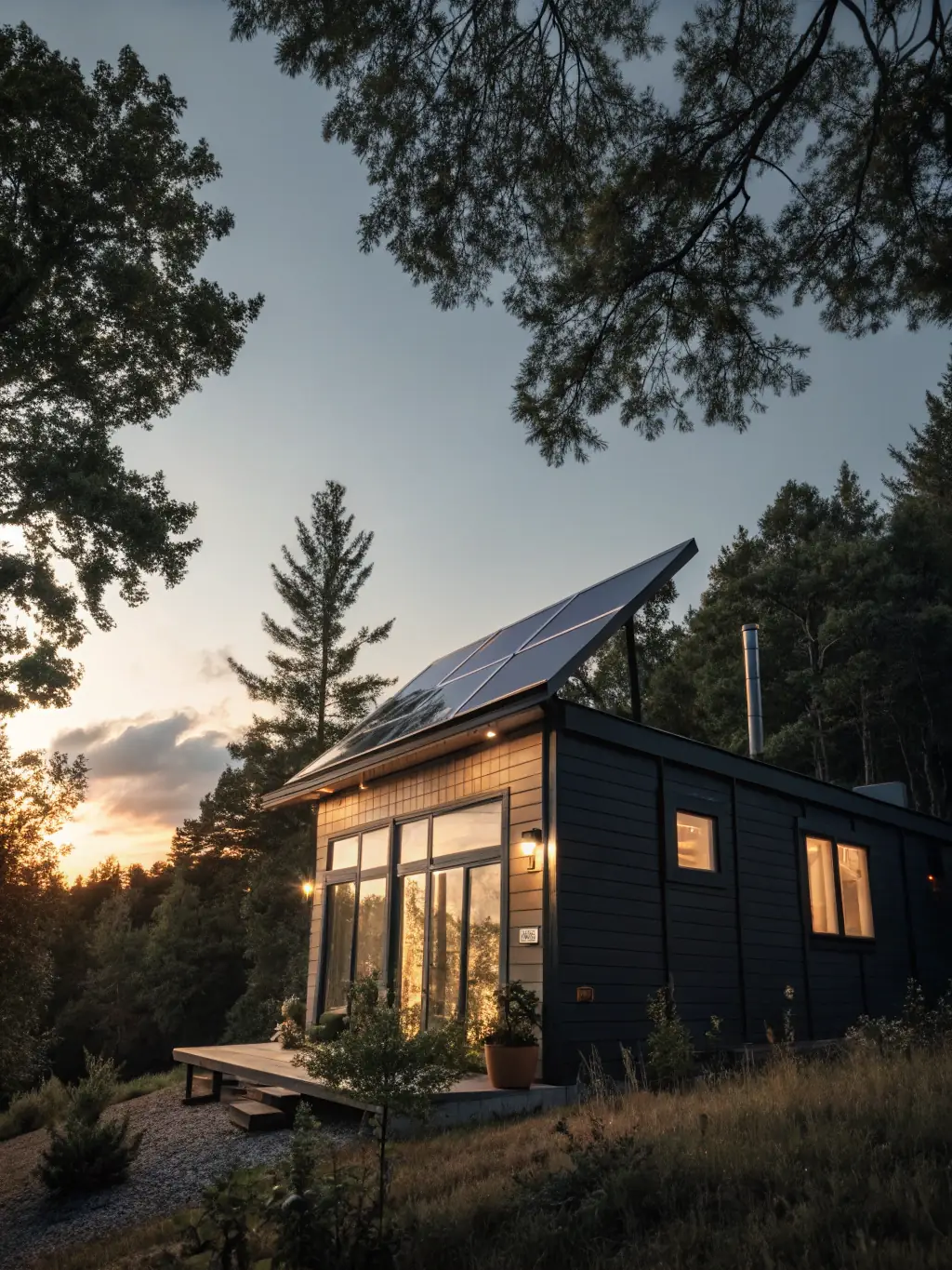 A high-resolution photograph of a complete solar generator kit set up in a remote, off-grid cabin setting. The kit includes solar panels, a power station, and essential accessories, demonstrating a self-sufficient power solution for sustainable living.