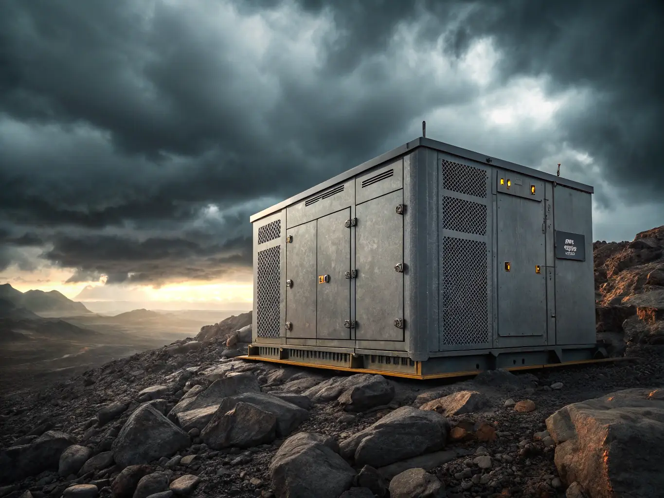 A detailed product shot of a high-capacity battery power station designed for home backup, highlighting its multiple output ports and rugged design.