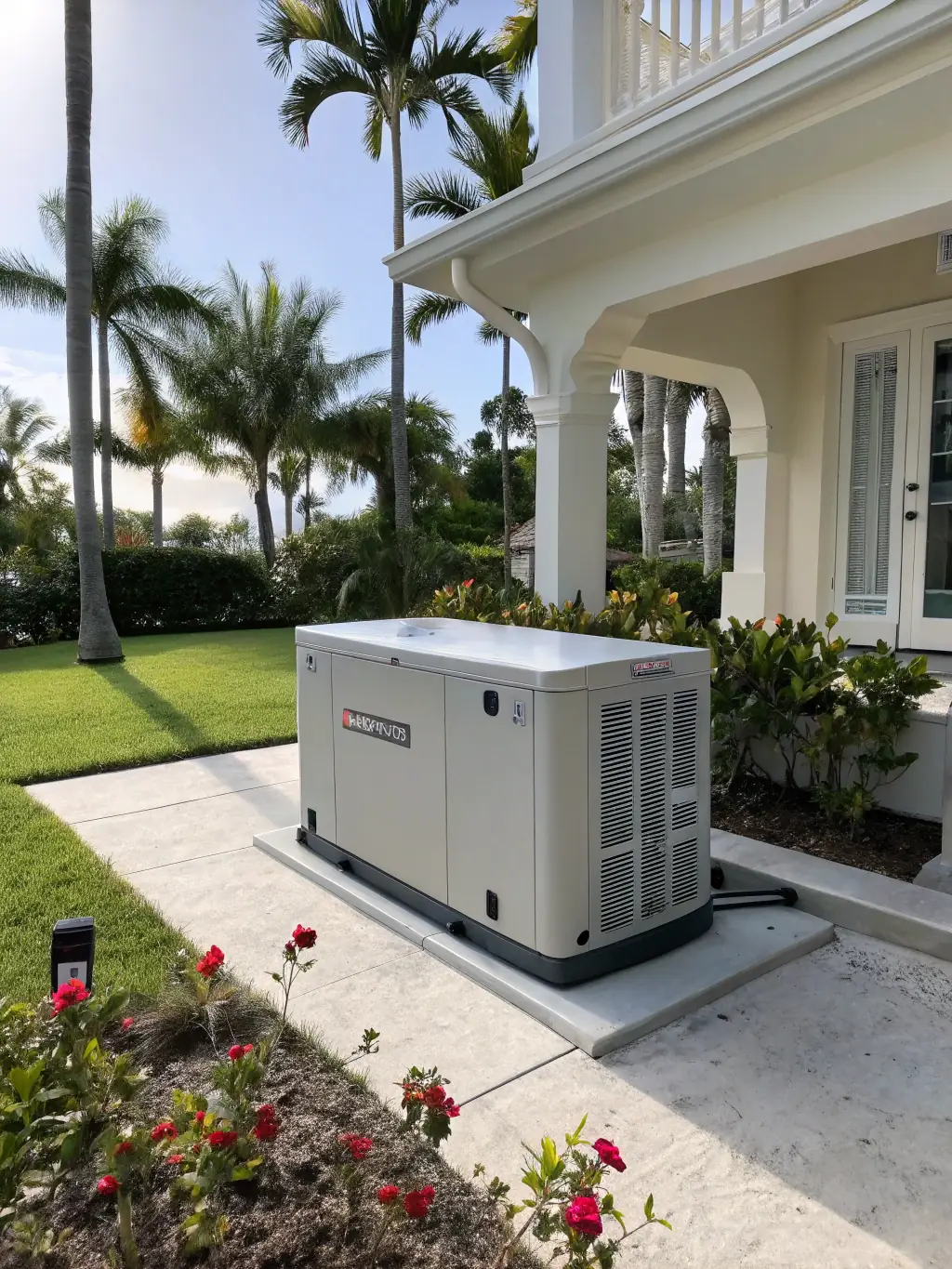 A high-quality photograph of a Generac standby generator installed outside a home, showcasing its robust design and connection to the home's electrical system. The image should convey reliability and permanent installation.