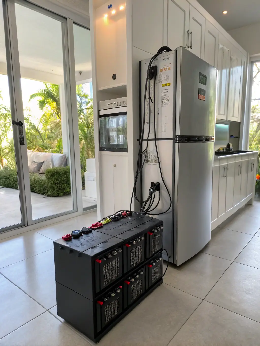 A high-quality photograph of a battery power station being used to power essential home appliances during a power outage, such as a refrigerator and a lamp, emphasizing its role in home backup.