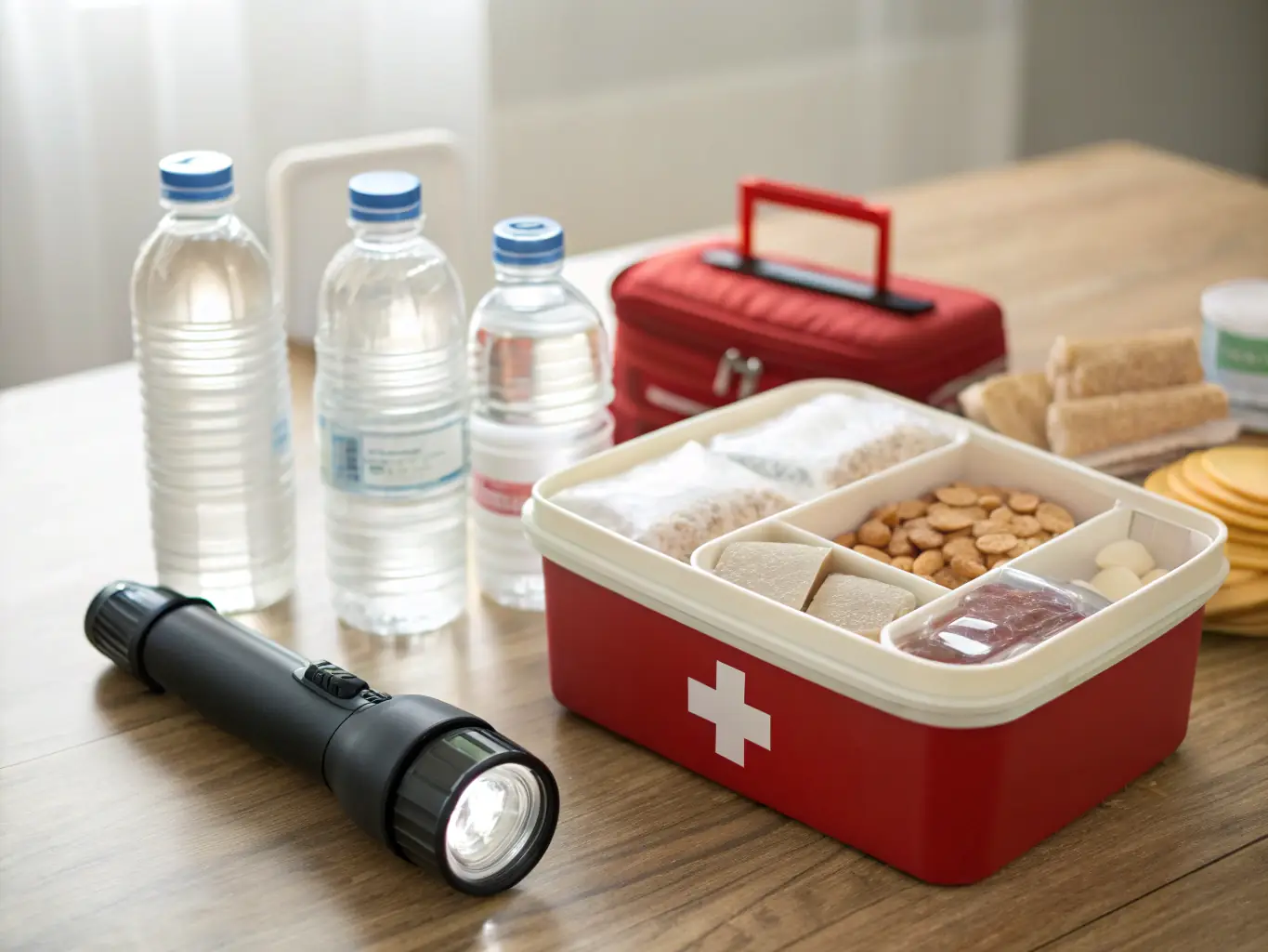 A solar generator and emergency kit prepared in a home, ready for use during a natural disaster or other emergency situation.