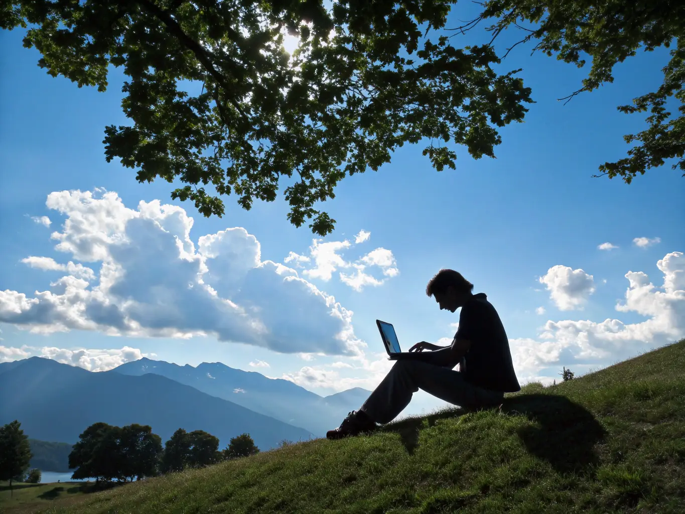 A high-quality image showcasing a person using a battery power station to power a laptop and charge a phone while camping in a scenic outdoor setting, emphasizing portability and convenience.