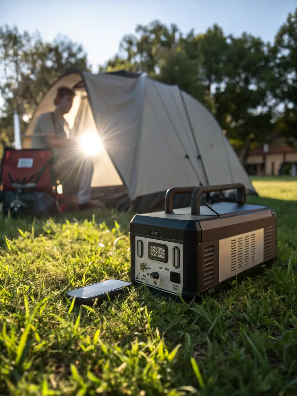 A clear and attractive photo of a portable power station being used to power electronic devices at a campsite, highlighting its convenience and versatility, for the 'Best Portable Power Stations' category on GridProof Gear.