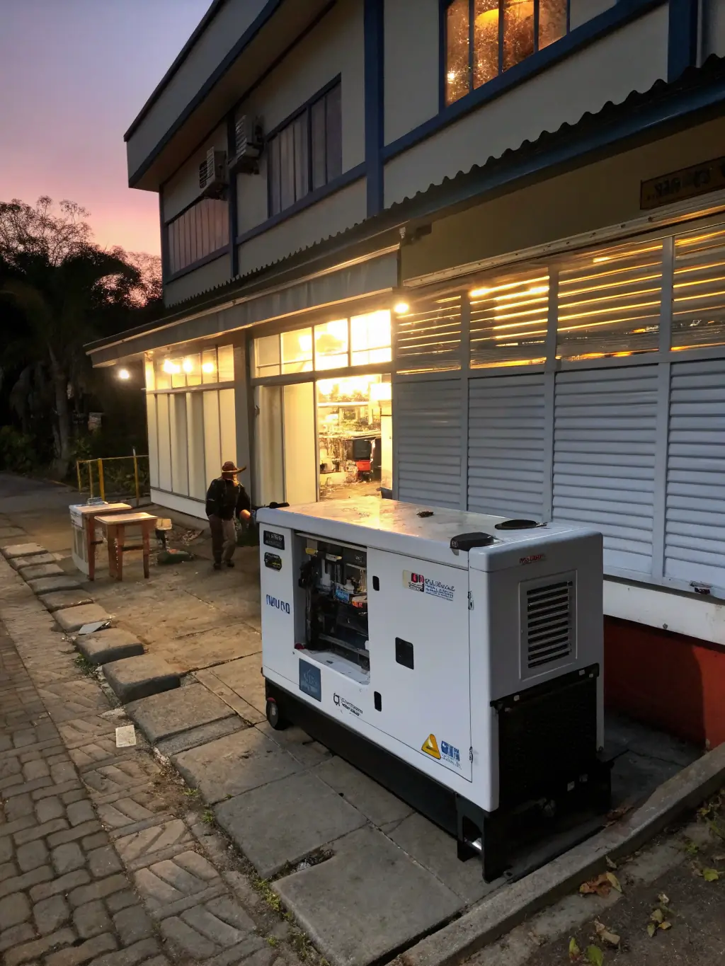 A portable generator running outdoors during a simulated power outage, powering essential appliances in a home.