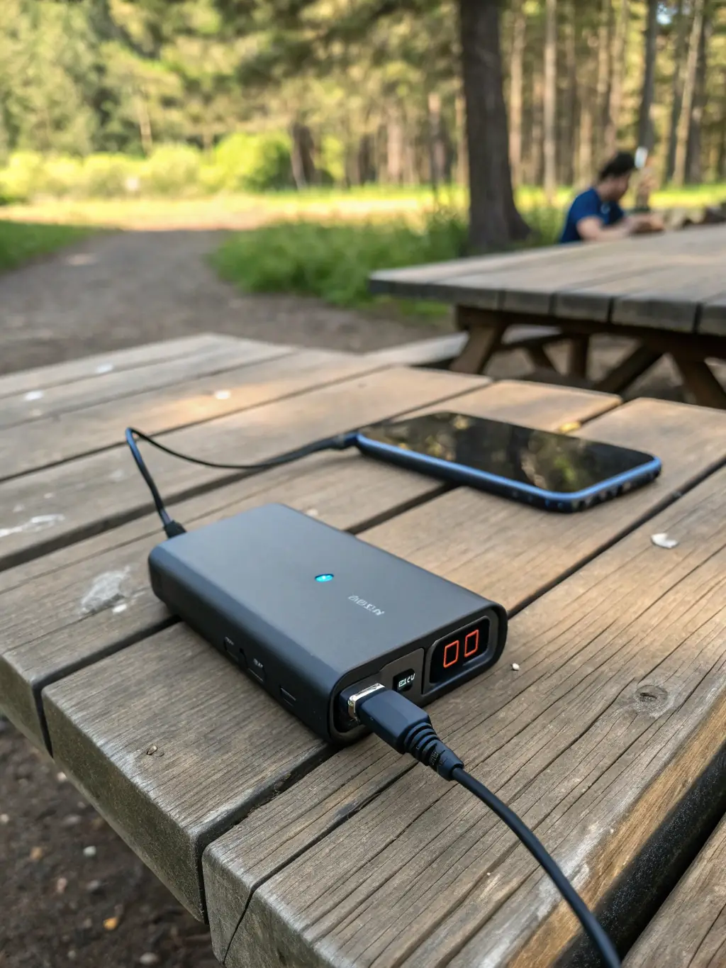 A high-capacity battery power station sitting on a wooden picnic table in a sunny campsite, powering a laptop, string lights, and charging several smartphones. The background shows a tent and a scenic mountain view, emphasizing its portability and off-grid capabilities.