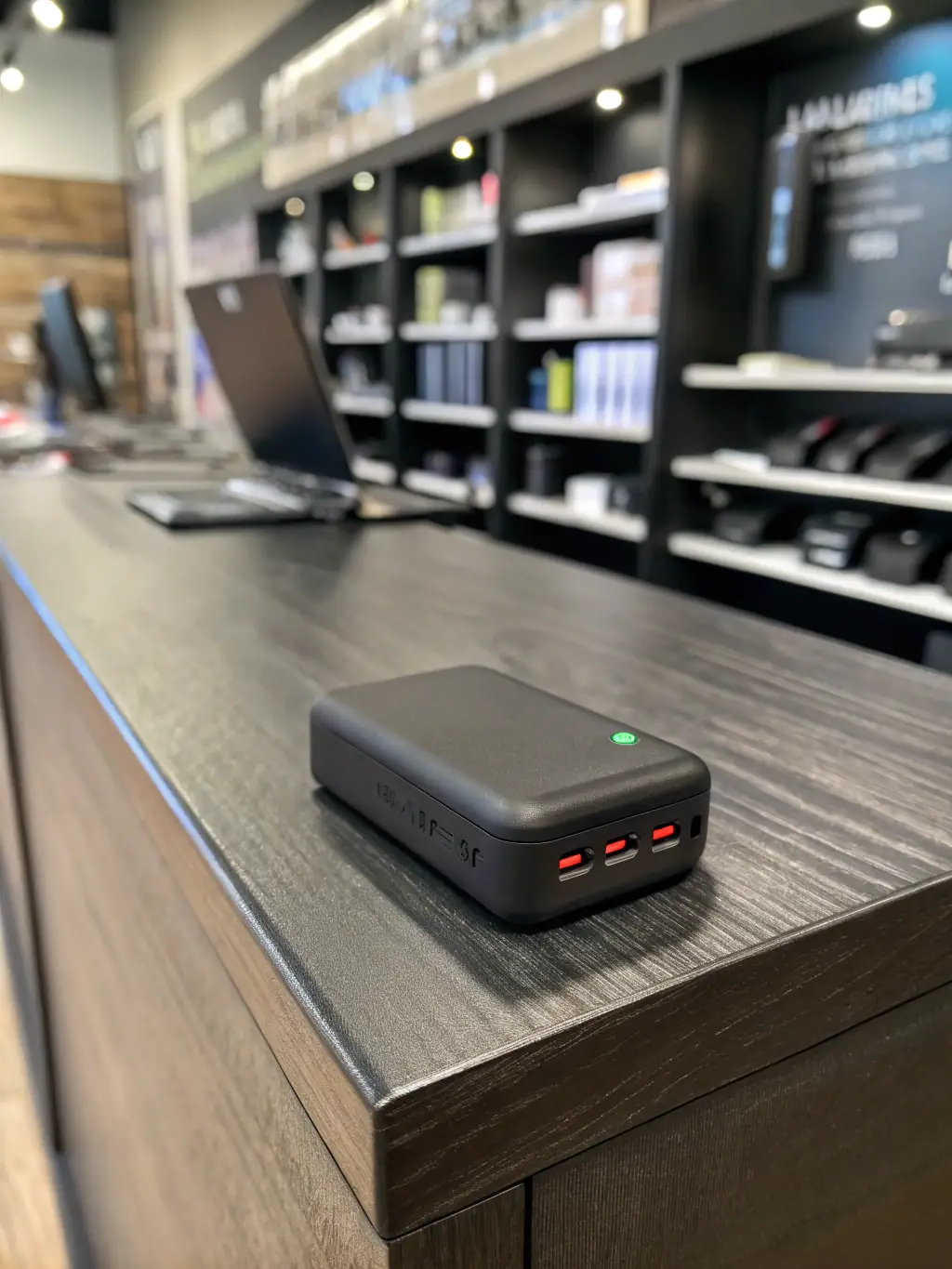 A close-up of a high-capacity battery power station with multiple outlets, displaying its versatility for powering various devices during an outage.