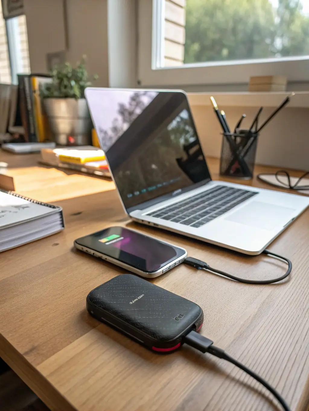 A compact battery power station on a desk in a home office, powering a laptop, monitor, and desk lamp. The background is a clean, modern workspace, emphasizing its suitability for mobile work and home office backup.