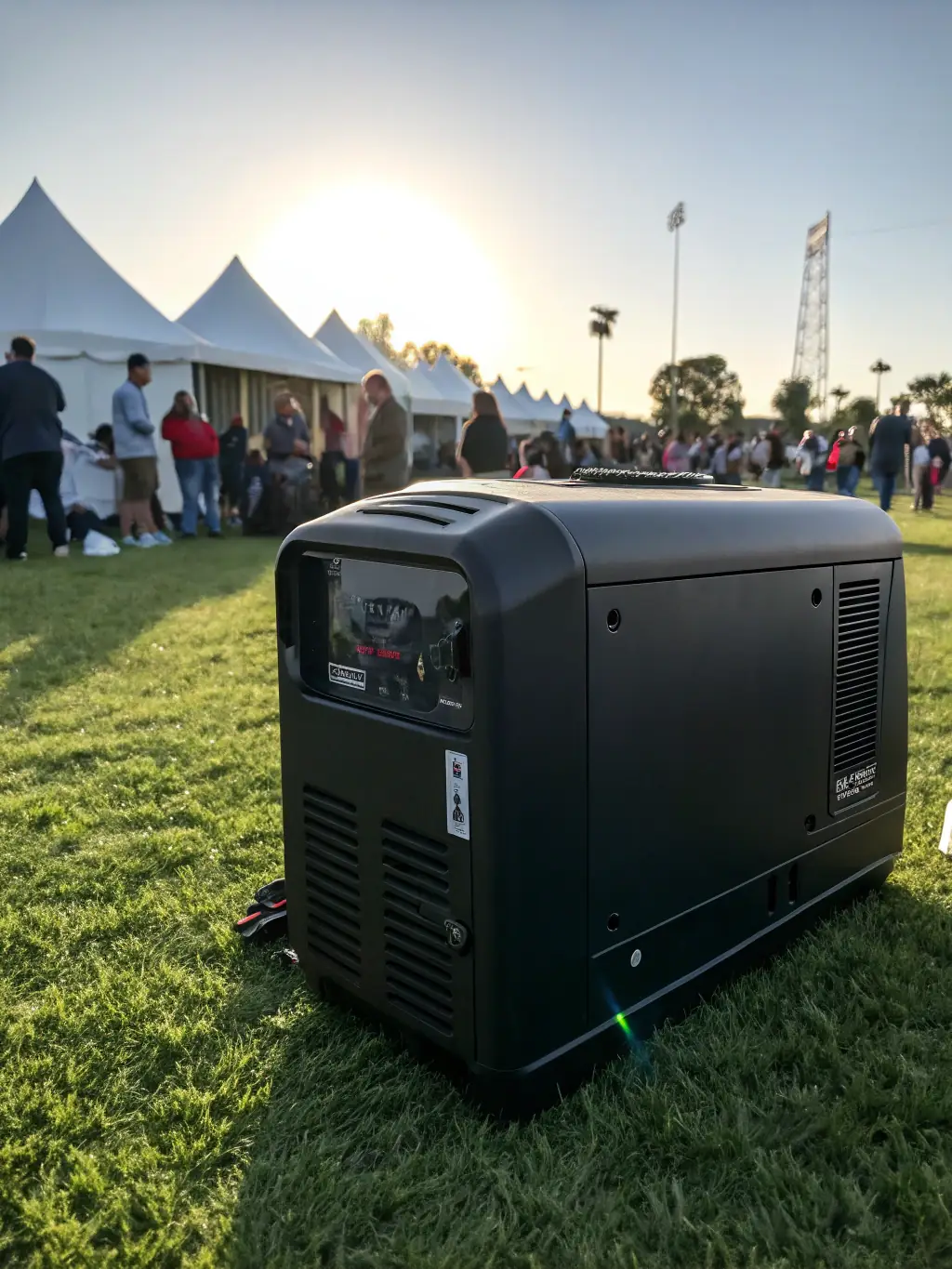 A detailed shot of an inverter generator, highlighting its compact size, digital display, and clean sine wave output. The image should emphasize its suitability for sensitive electronics.