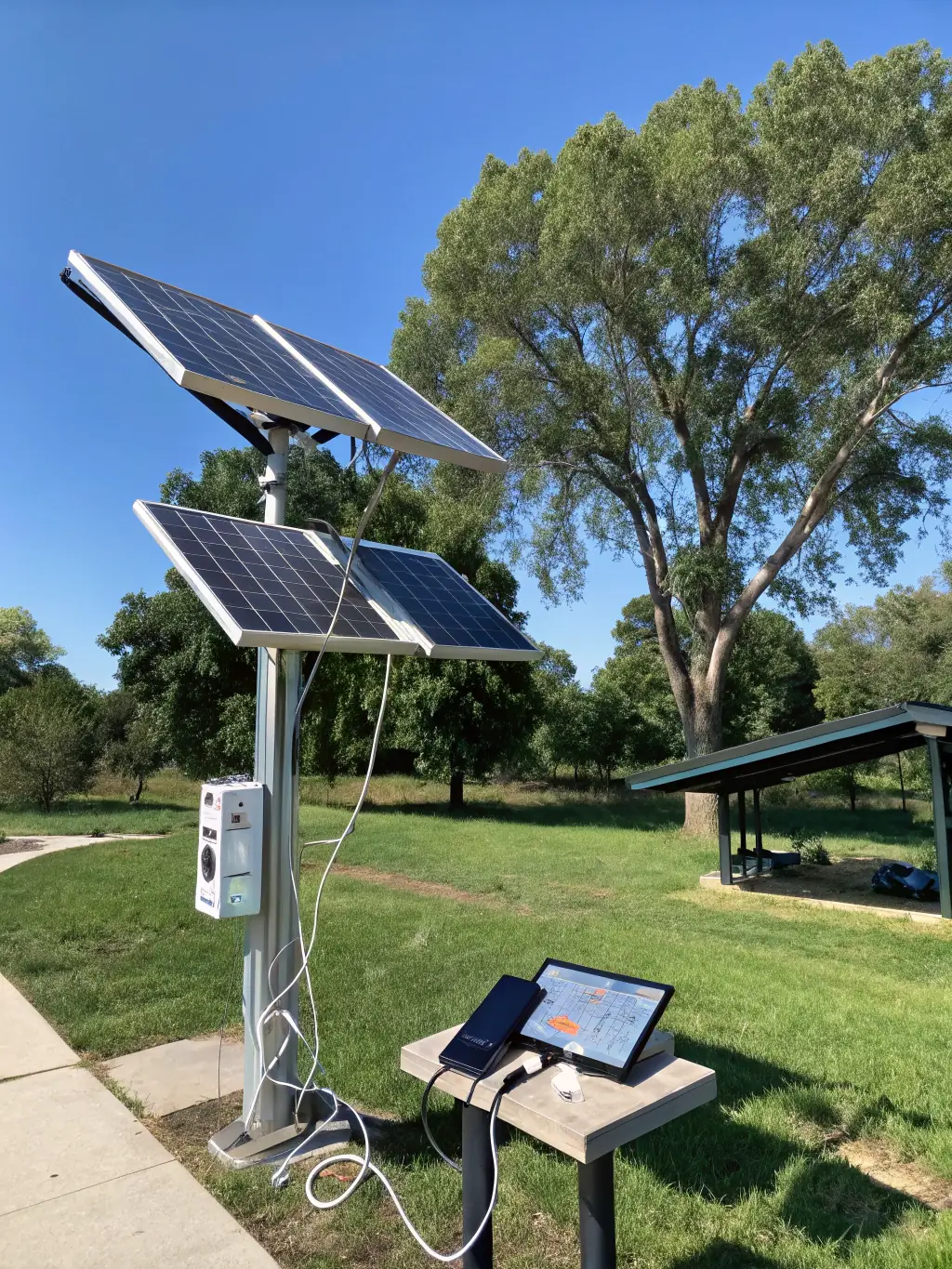 A vibrant image of a portable battery power station charging various devices at a campsite, including phones, tablets, and a portable fridge, highlighting its utility for travel.