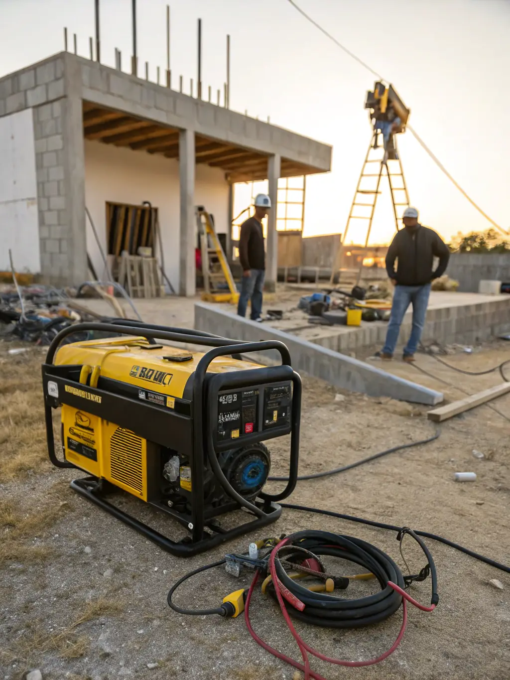 A portable gasoline generator running outdoors during a power outage, powering essential appliances in a suburban home. The scene emphasizes reliability and convenience.