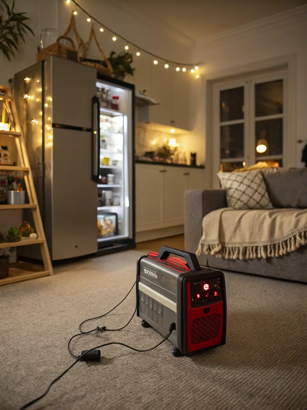 A wide shot of a whole-house generator powering various appliances inside a home during a simulated power outage, including lights, a refrigerator, and a TV. The image should convey comprehensive power coverage.