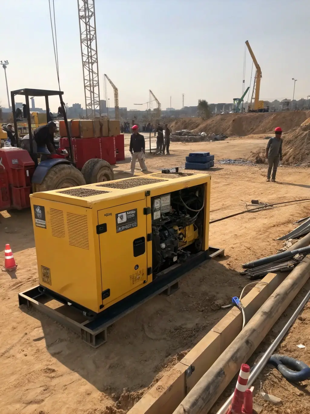 A rugged diesel generator powering heavy-duty equipment at a construction site. The scene emphasizes durability and high power output in demanding environments.