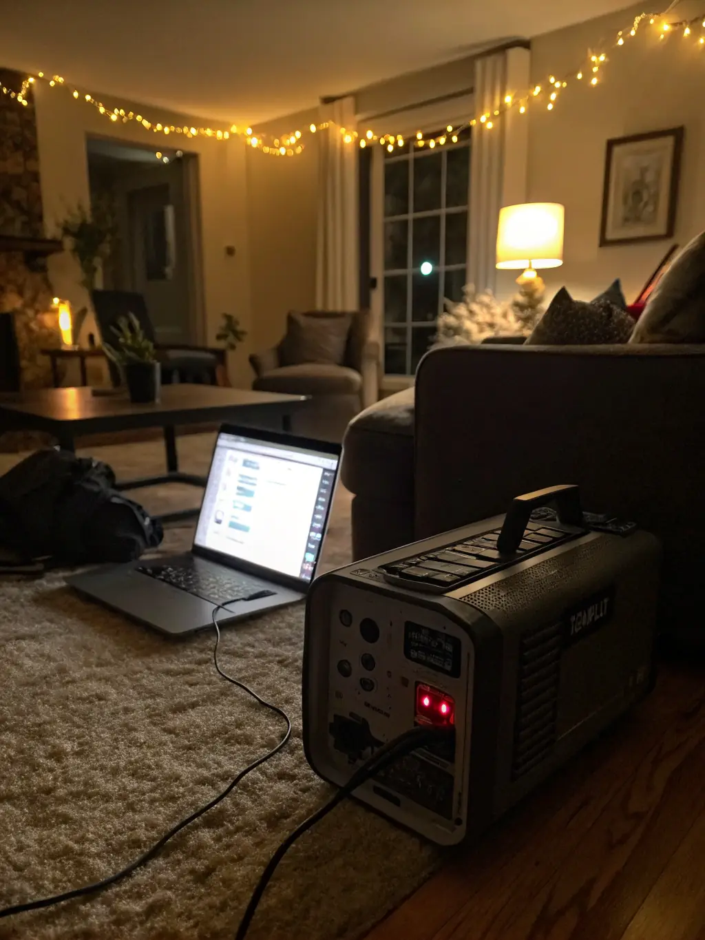 A close-up shot of a battery power station powering medical equipment, such as a CPAP machine, in a home setting, emphasizing its importance for health and safety.
