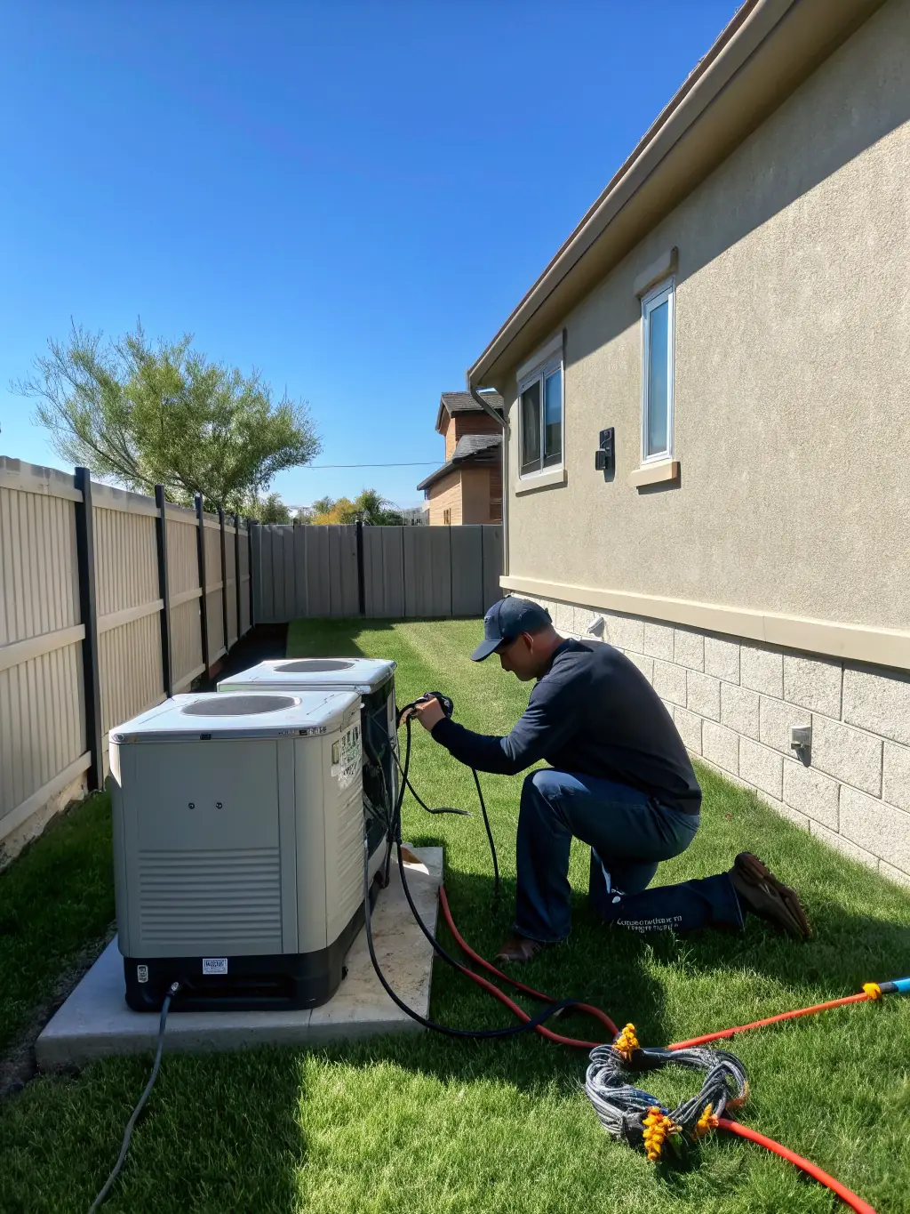 A professional photograph of a home backup generator installed neatly outside a house, with a focus on its robust design and connection to the home's electrical system, for the 'Best Home Backup Generators' category on GridProof Gear.