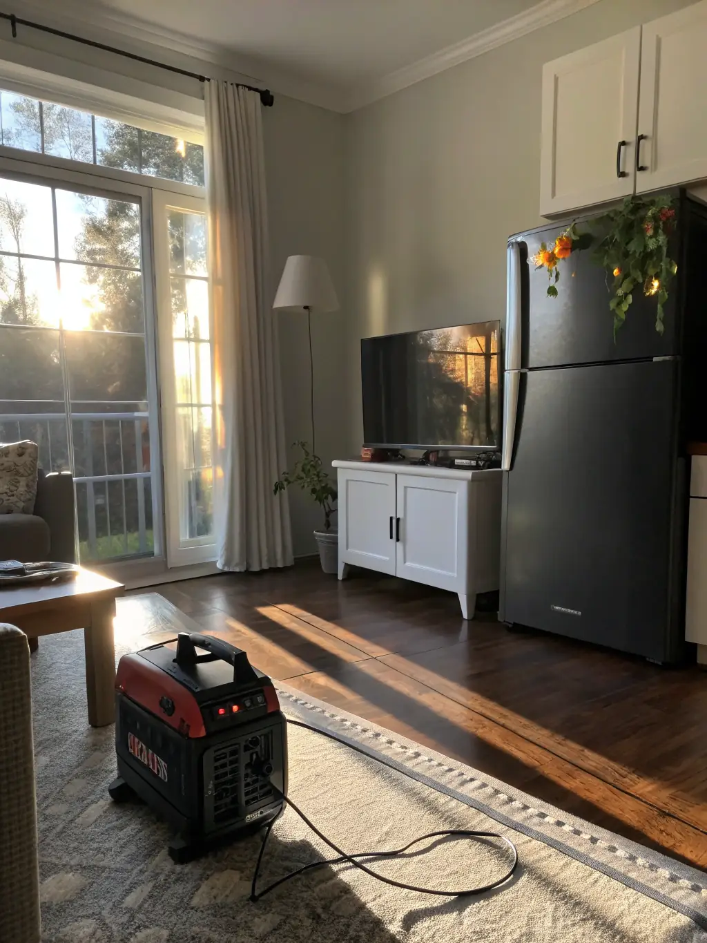 An image of a solar generator being used as a home backup power source, with extension cords running to essential appliances like a refrigerator and lighting. The photo illustrates the generator's ability to keep a home running during grid failures.