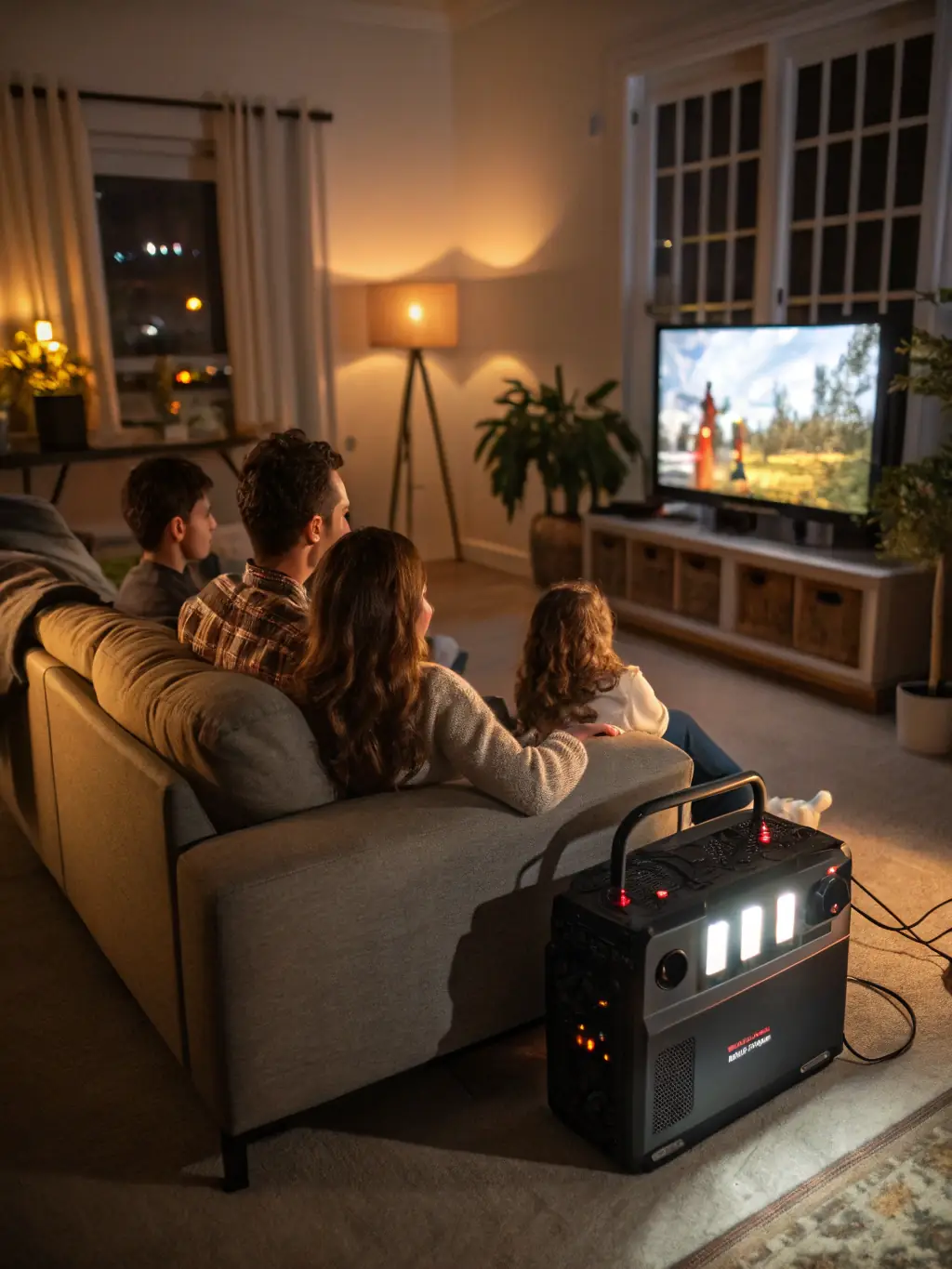 A detailed shot of a solar generator being used to power essential medical equipment during a simulated power outage in a home setting. The image highlights the generator's role in ensuring critical devices remain operational during emergencies.