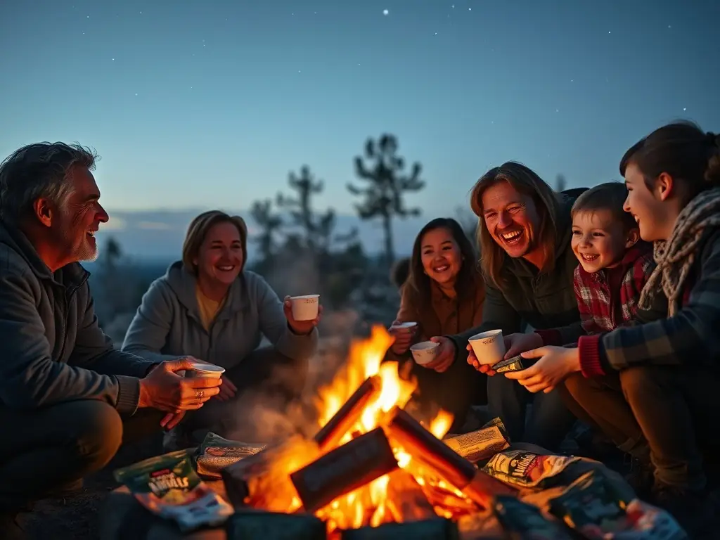 A family enjoying a camping trip, using a solar generator to power a portable refrigerator and charge their devices.
