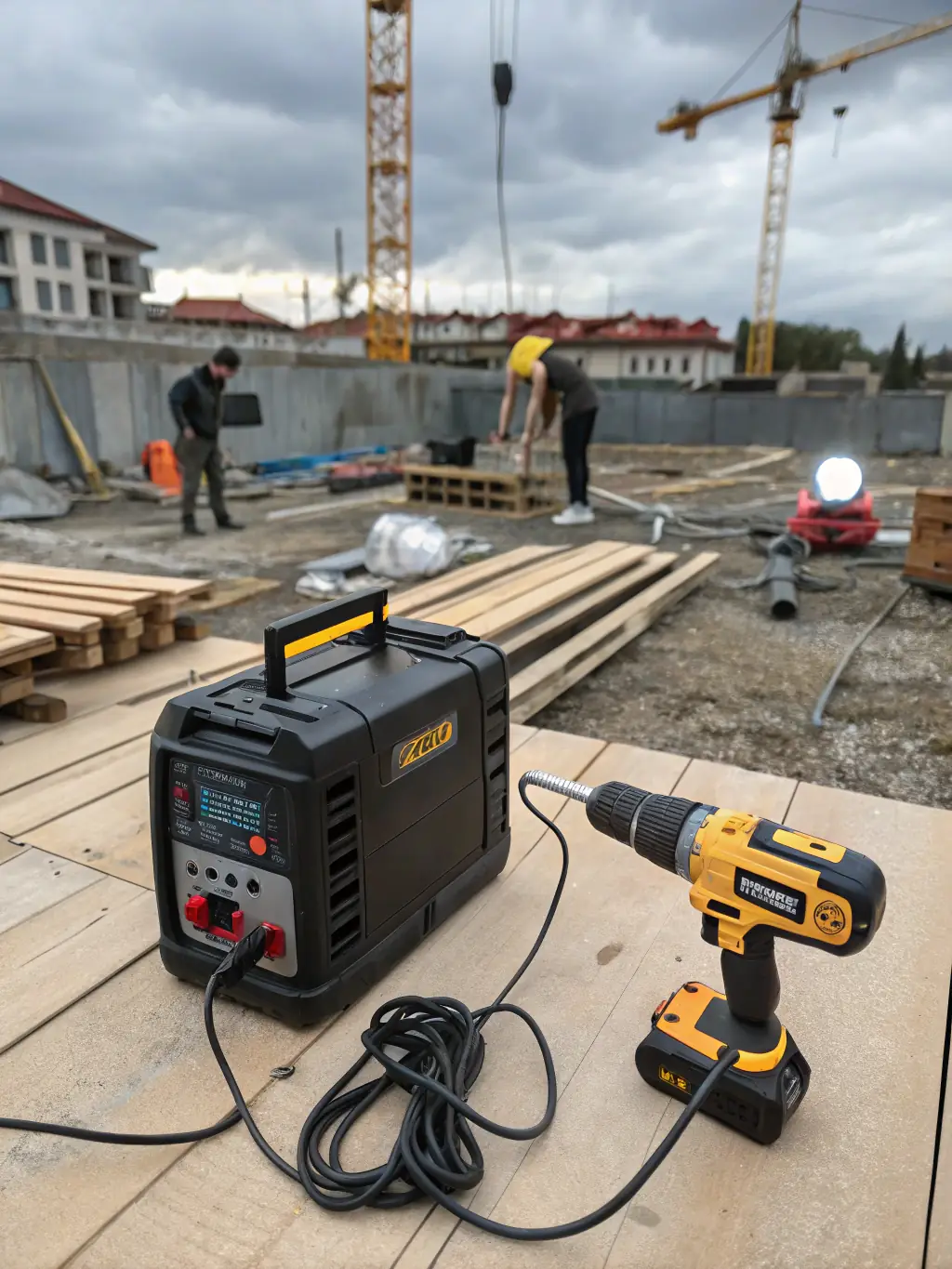 A medium-sized battery power station placed on a workbench in a home garage, powering a power drill and a work light. The background includes tools and equipment, highlighting its utility for DIY projects and home backup.