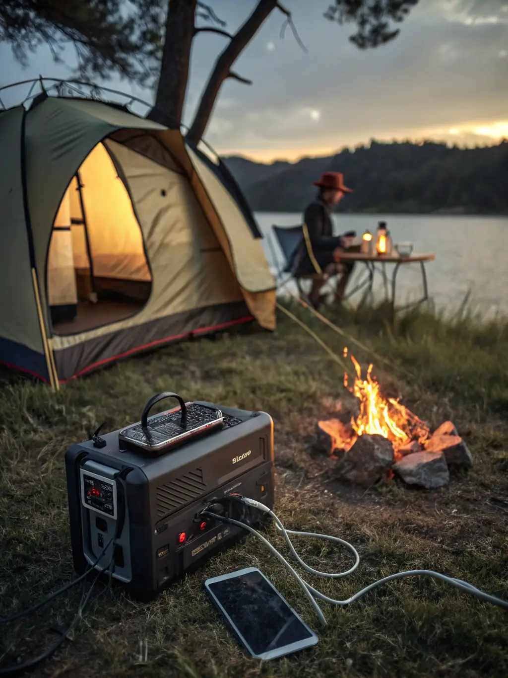 An inverter generator powering sensitive electronic equipment at a campsite. The generator is compact and quiet, highlighting its portability and clean power output.
