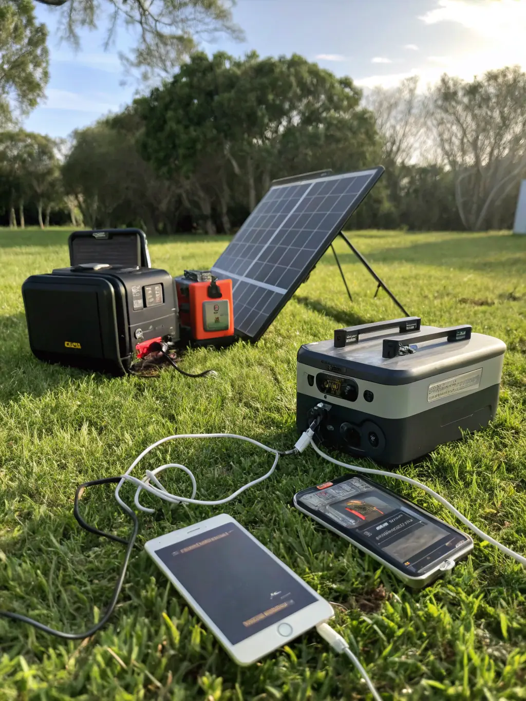 A portable solar generator with solar panels charging it, set up in a backyard during a sunny day, showcasing clean and renewable emergency power.