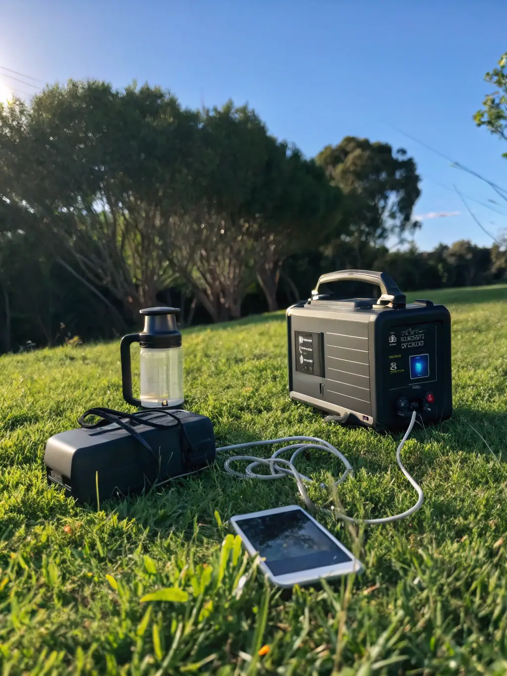 A photograph showcasing a solar generator powering a campsite with various devices plugged in, including lights, a mini-fridge, and charging smartphones. The scene emphasizes the generator's versatility for outdoor adventures and portable power needs.