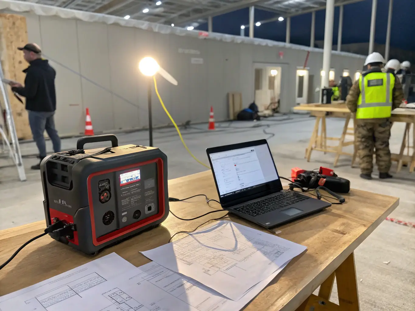 An image of a compact and versatile battery power station being used in an emergency situation, such as powering medical devices or providing light during a blackout.